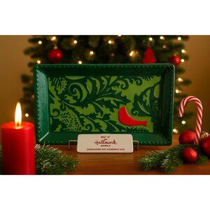 Hallmark Exclusive Green Christmas Rectangular Tray Red Cardinal Design Ceramic